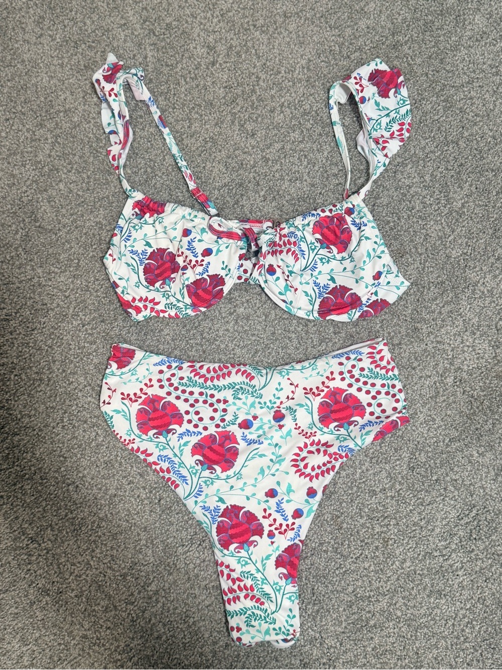 Toluca Floral Two-Piece Bikini Set in White & Red